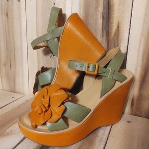 Kork Ease Women's 6 M 36.5 Platform Wedge Heels Orange Green Sandals NWOB